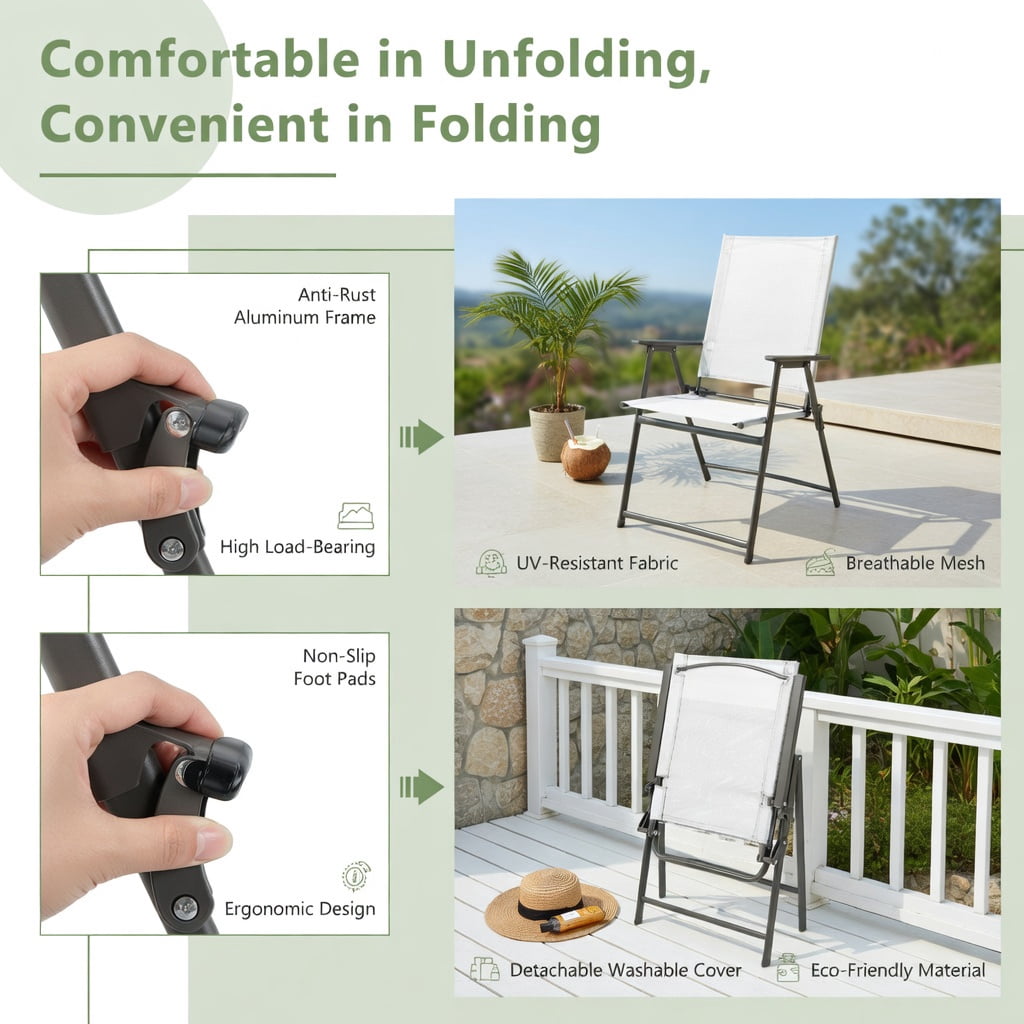 Hommoo 2-Pack Foldable Patio Chairs with Armrests, Heavy-Duty Metal Outdoor Chairs for Deck, Garden, Yard & Camping, White