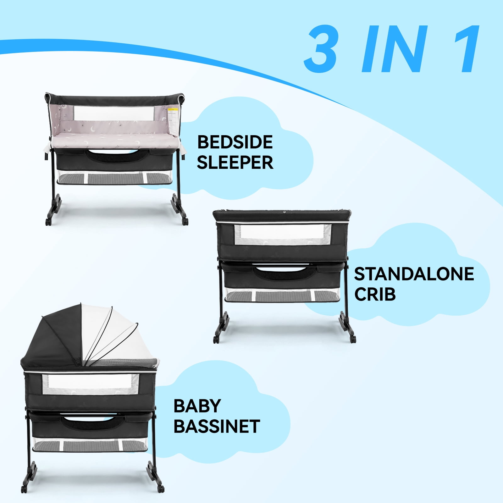 kmaier Baby Bassinet Bedside Crib Foldable Portable  with Adjustable Height, Wheels and Storage Basket,Dark Gray