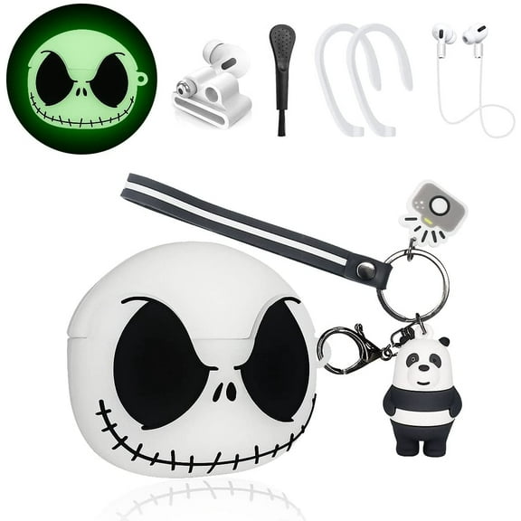 [7in1]Cool Cover Case for Airpods Pro Case, Luminous Skull Airpods Pro Cover,Cute Cartoon Anime Funny Protective Skin Airpod Pro Silicone Case for Man Boys Girls with Accessories