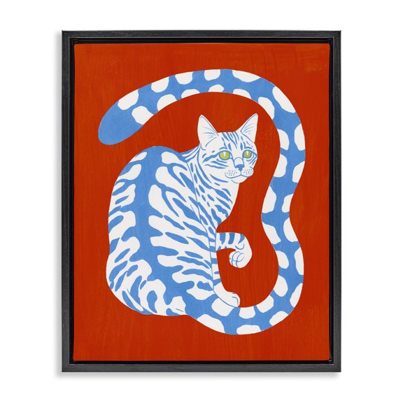 Stupell Industries Mid-Century Bold Blue Striped Curved Cat Tail Black Floating Frame Canvas Art, 25 x 31, by Grace Popp