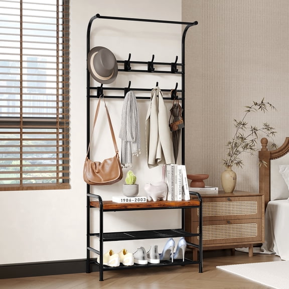 GOCAPTAIN 4-in-1 Coat Rack with 3 Storage Shelves and 8 Sturdy Hooks, Industrial Style Coat Tree for Entryway, Hallway, Retro Color