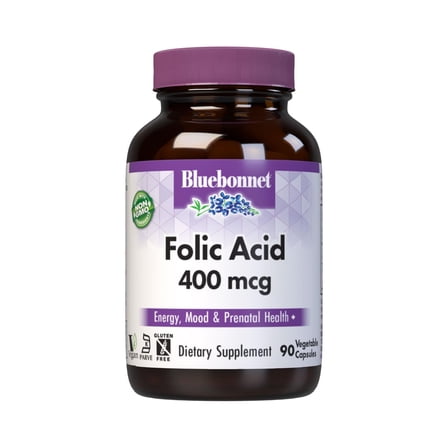 Bluebonnet Folic Acid 400 mcg, Prenatal & Postnatal Health*, 90 Vegetable Caps, 90 Days