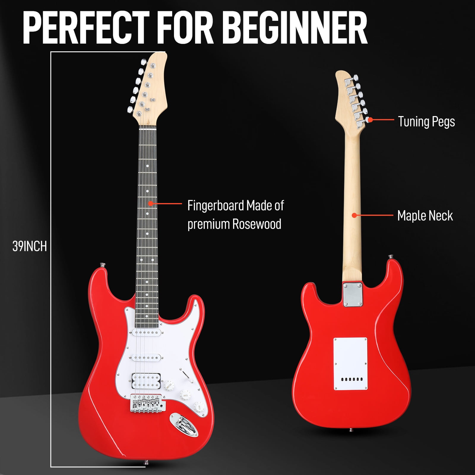 Ktaxon KST 39in Electric Guitar Starter Kit with 5W Bluetooth Amp, Gig Bag, Strap & Accessories – Right-Handed, H-S-S Pickups, Red