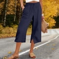 thumbnail image 2 of Side Slit Capris for Women Summer Wide Leg Pants Beach Casual Elastiv Wasited Trousers with Pockets Navy S, 2 of 5