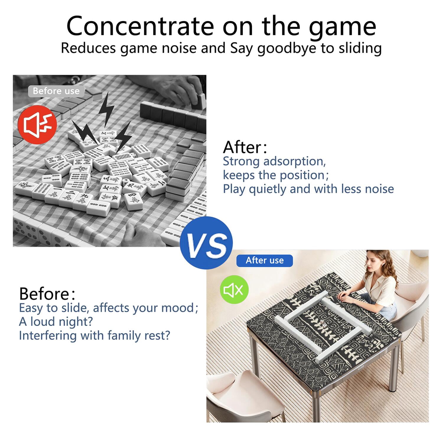 Classic Boho Style Non-Skid Rubber Mahjong Mat 31.5 Inch Square Large Playing Surface with Noise Reduction for Game Room Family Fun and Cards