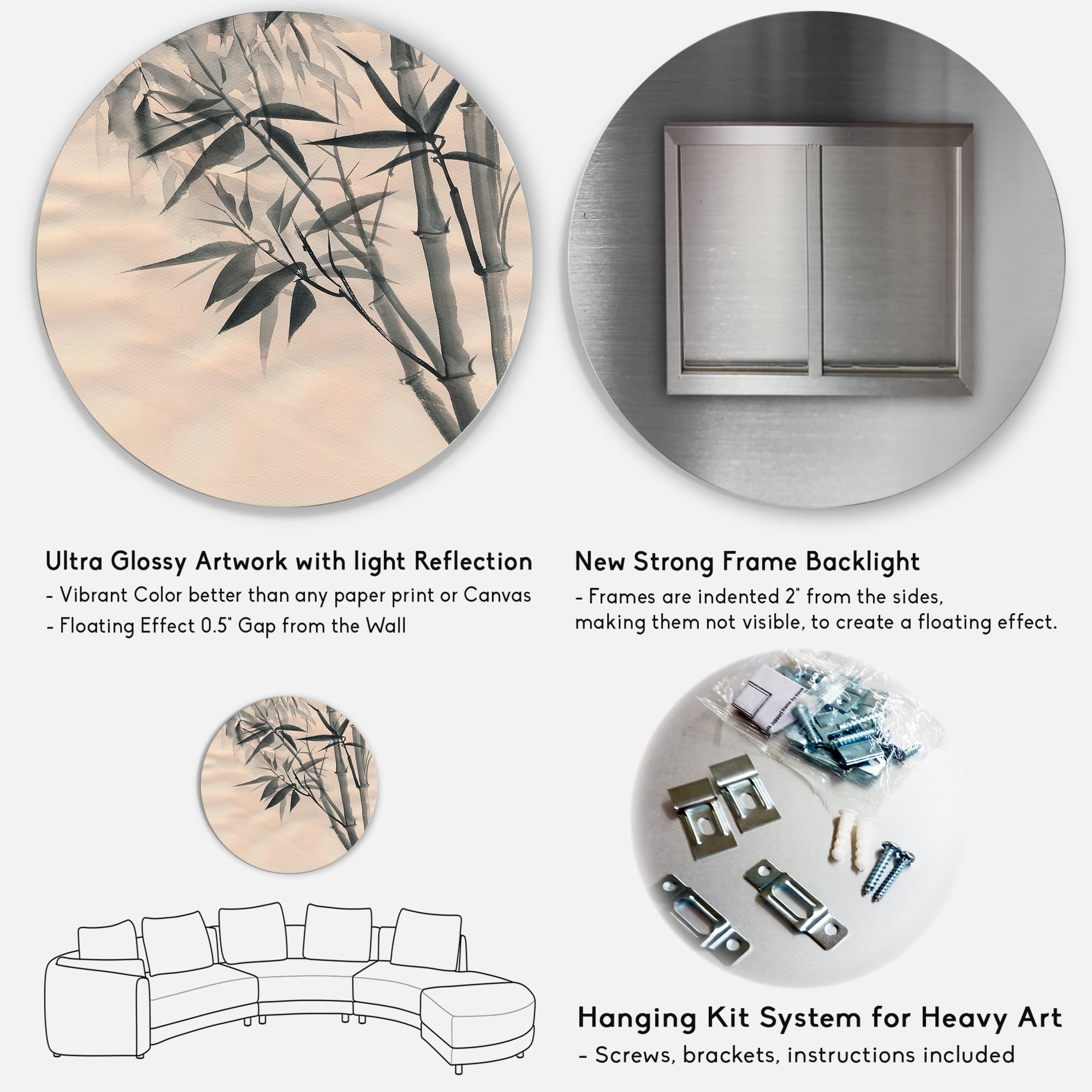 Designart 'Vintage Black and White Bamboo I' Traditional Circle Metal Wall Art 29x29 - Disc of 29
