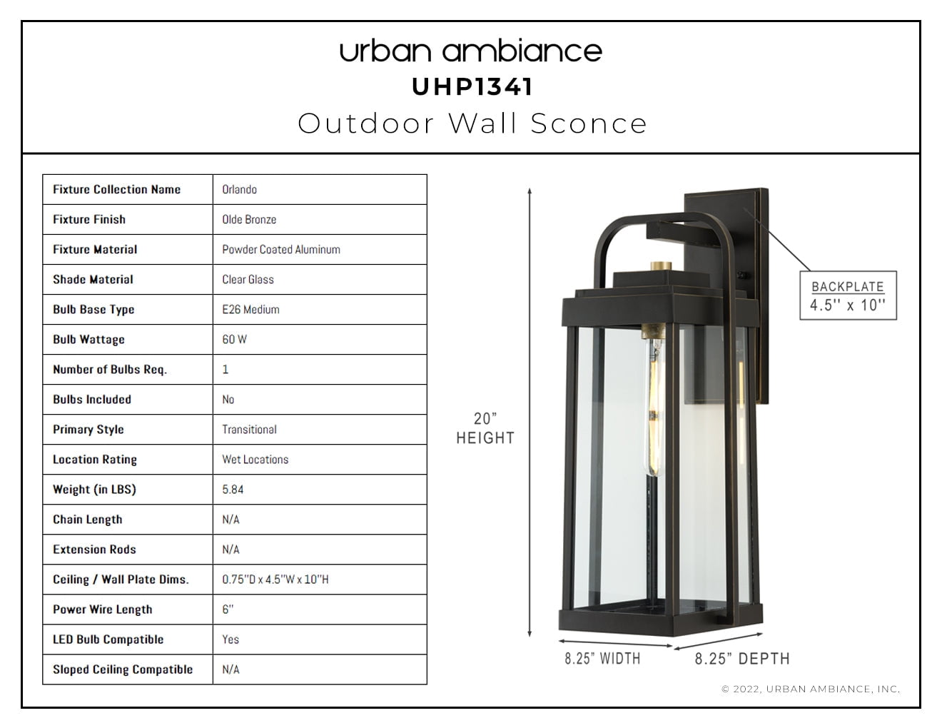 Luxury Transitional Wall Sconce, 20H x 8.25W, with Modern Style, Olde Bronze, UHP1341 by Urban Ambiance