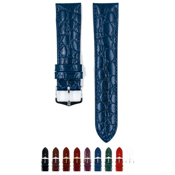 Hirsch Crocograin Leather Watch Strap - Blue - M - 20mm - Shiny Silver Buckle - Bonded Crocodile Leather Band