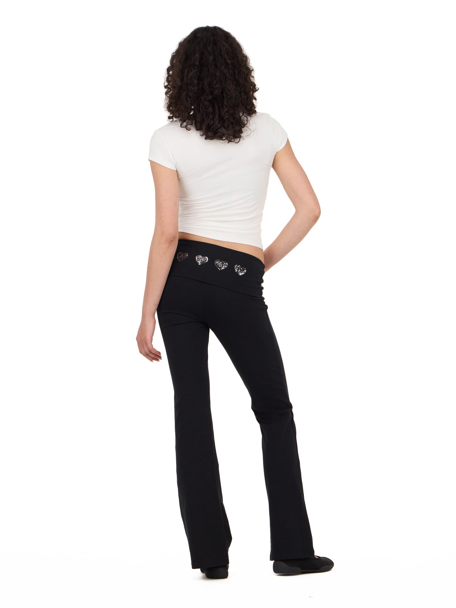 Forever 21 Women's Jersey Fold Over Waist Pants with Graphic Detail, Flare Leg Lounge Pants, Stretch Casual Everyday Comfort Style, Black, XXS-4X