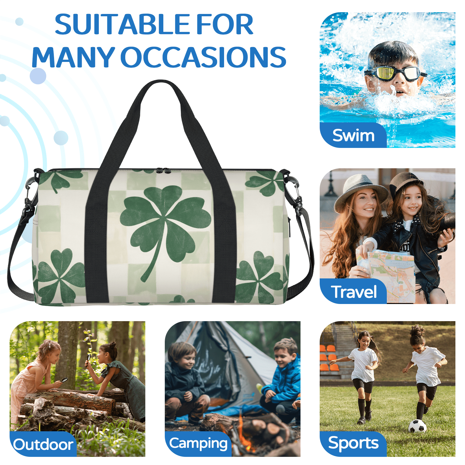 Herdesigns St. Patrick's Day Leaf Clovers Gym Bag for Women, Duffle Bag for Travel Sport, Lightweight Waterproof Carry on Weekender Overnight Dance Yoga Workout Bags