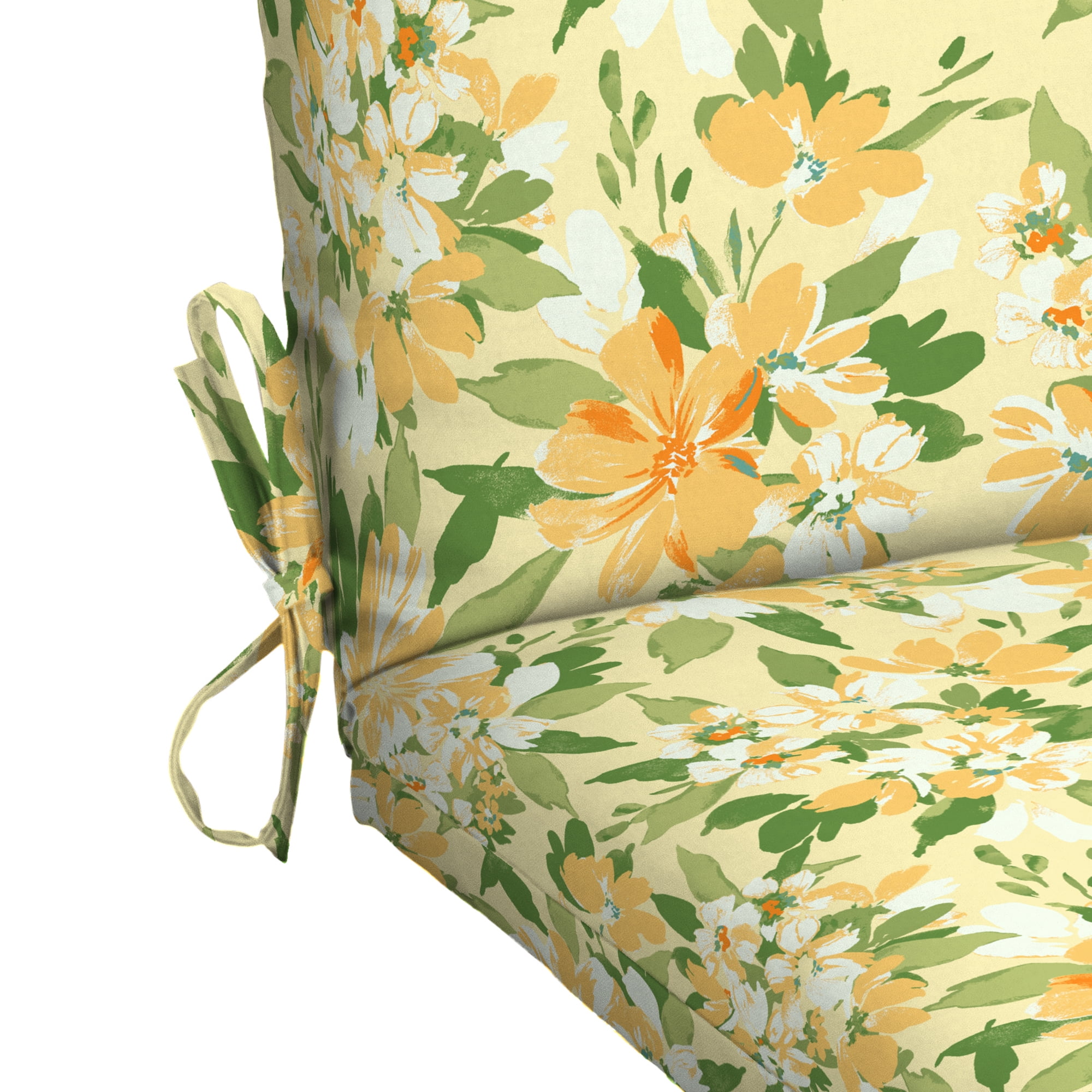 Mainstays 37 in x 19.5 in Yellow Floral 1-Piece Rectangle Outdoor Dining Chair Cushion