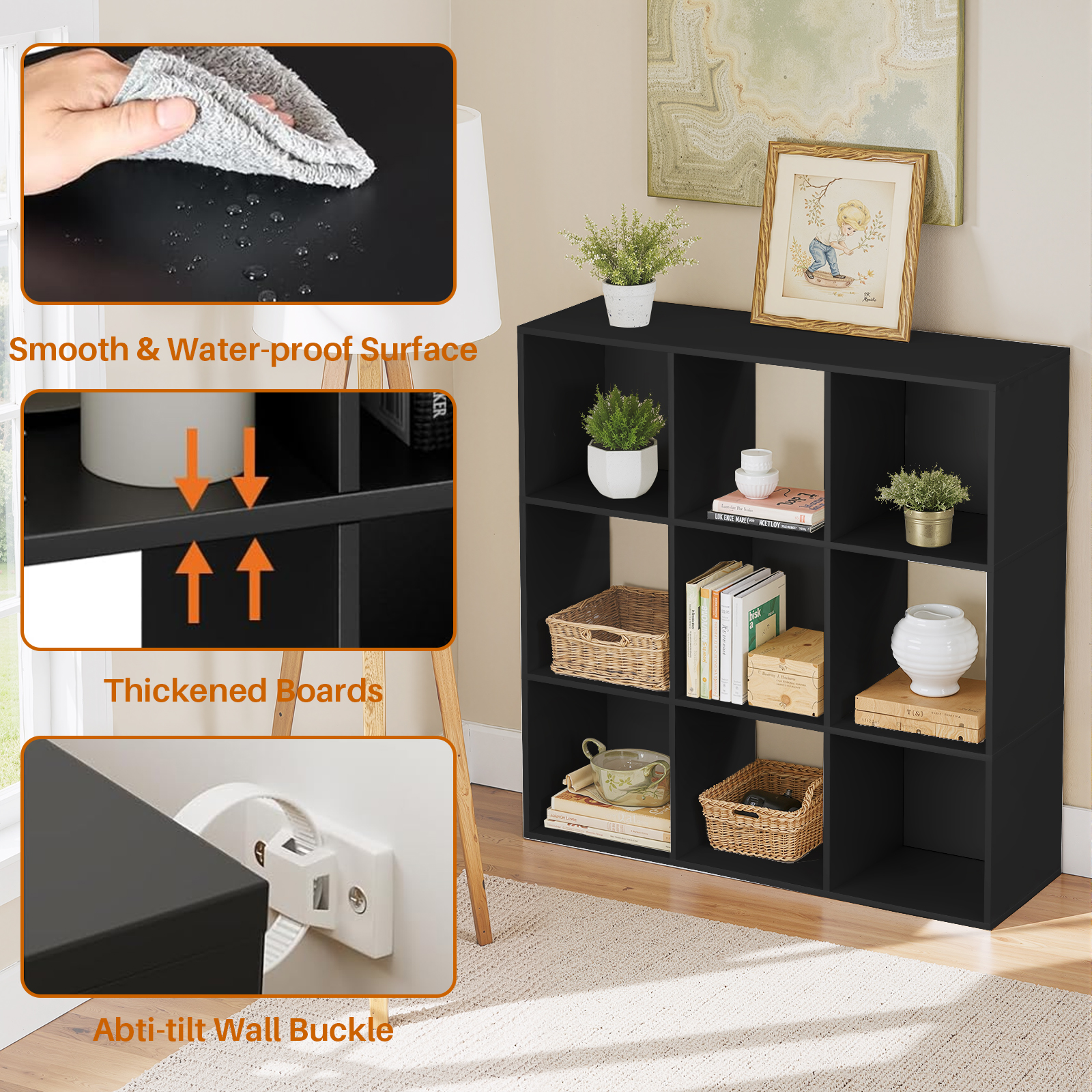 Simenmax 9 Cube Storage Organizer, Bookshelf with 5 Removable Back Panels for Living Room, Bedroom, Home Office, Black