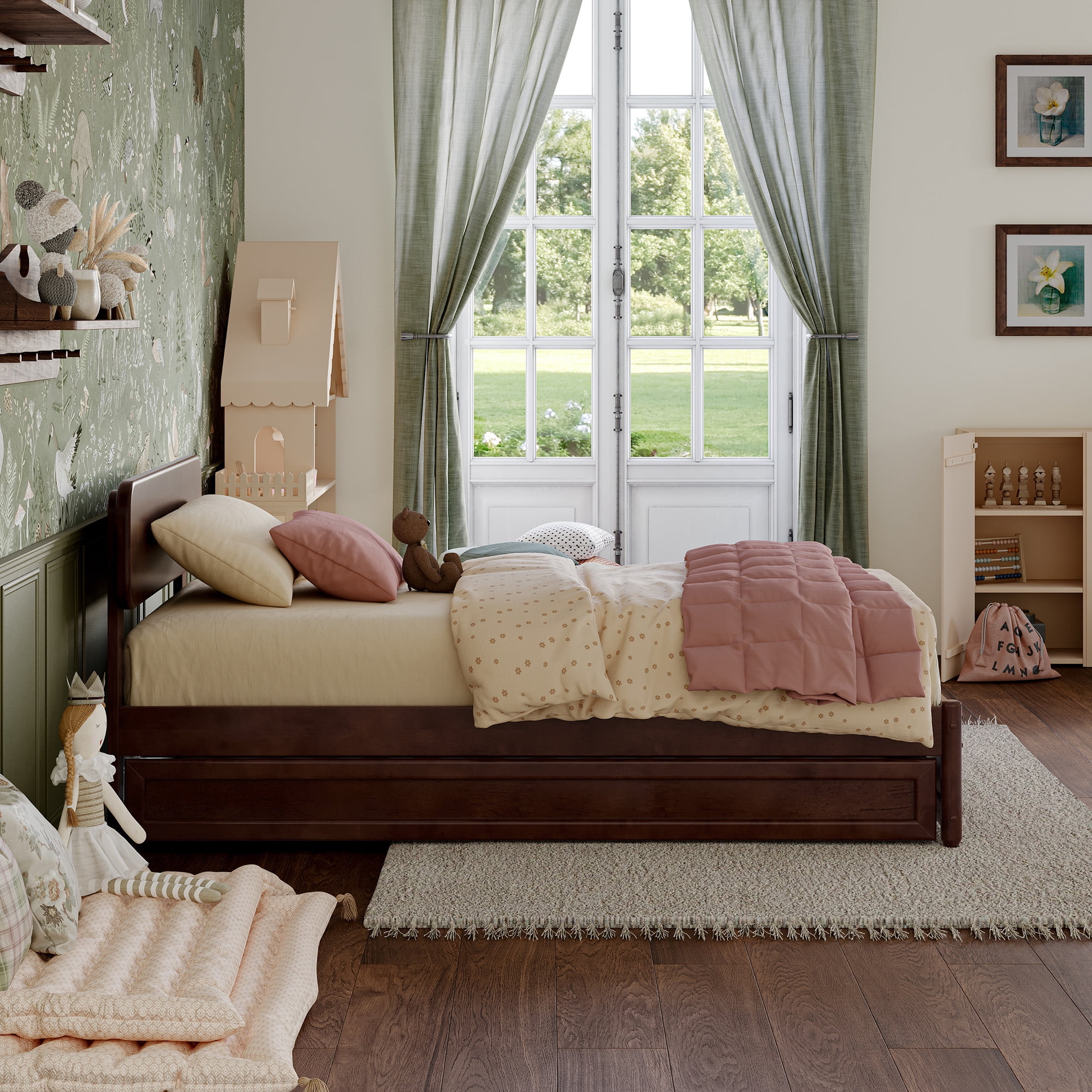 AFI Capri Twin Solid Wood Platform Bed with Panel Footboard and Twin Trundle, Walnut