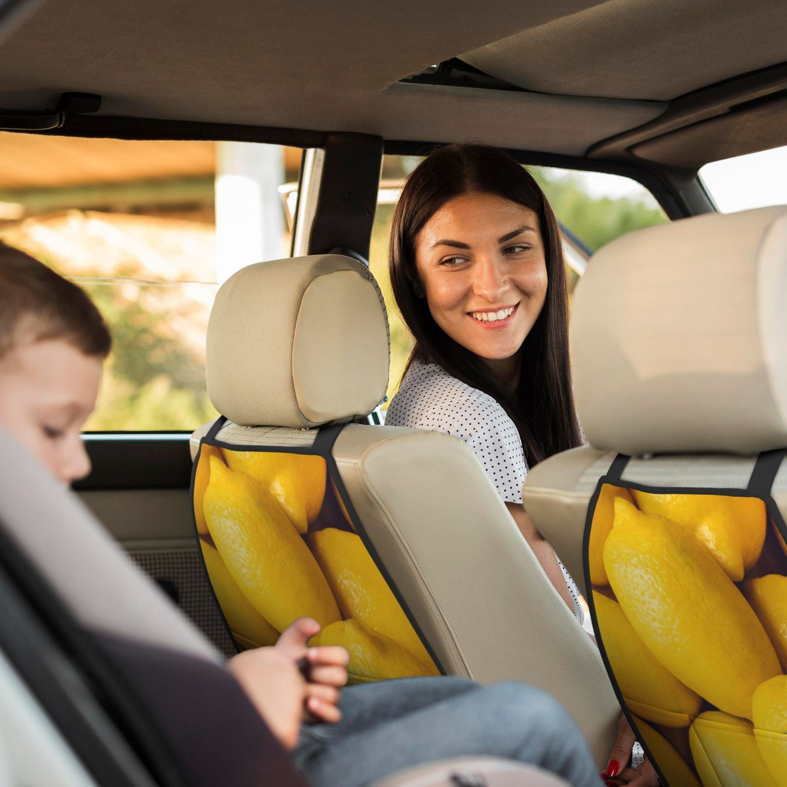 Xecao Ripe Yellow Lemon Pattern Car Seat Back Protector 2 Pack Large Capacity Pocket, Kick Mats Back Seat Protector