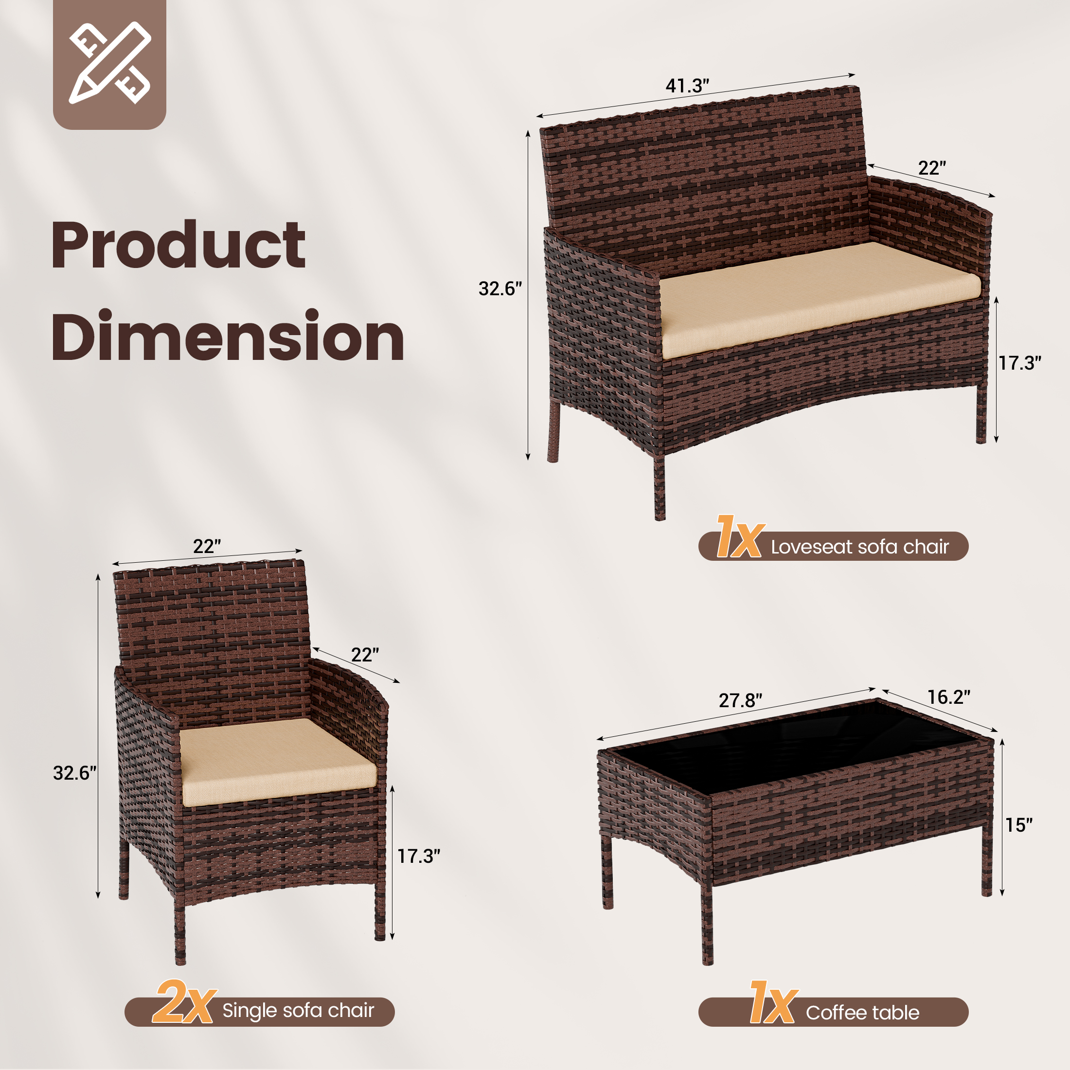 UDPATIO 4 Pieces Outdoor Patio Furniture,Sectional Conversation Sets,Brown PE Rattan Patio Chairs with Table and Loveseat for Balcony, Porch, Backyard,（Khaki Cushion）