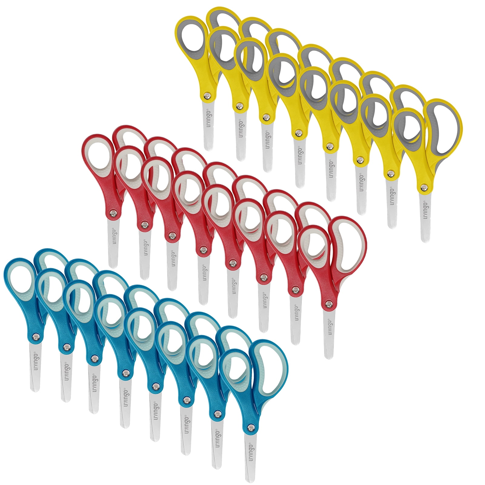 LIVINGO 24 Pack Bulk Scissors Blunt Tip Blade, 5 inches, Blue, Yellow, Red