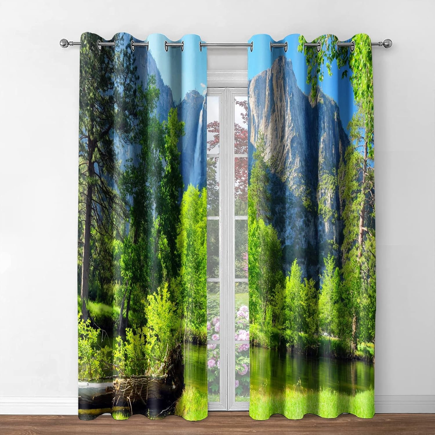 Mountains Forest Blackout Curtains Jungle Green Trees River in Bright Sunshine Nature Scenery Decor Bedroom Living Room Darkening Grommet Window Drapes 2 Panel Set, 42"x63"