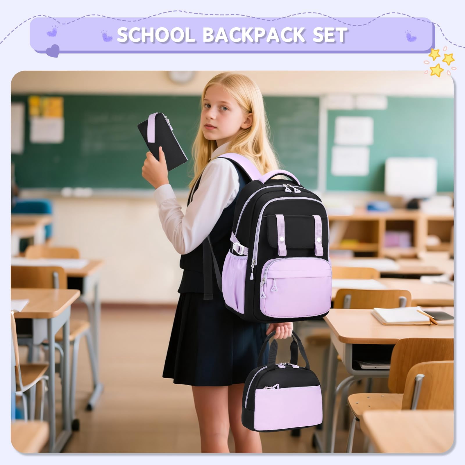 Soda Candy 3 Pcs Girls Backpack Set with Lunch Bag Pencil Case Elementary Middle School Backpacks for Kids Cute Kawaii Large Capacity Bookbag with Reflective Strip, Black Purple