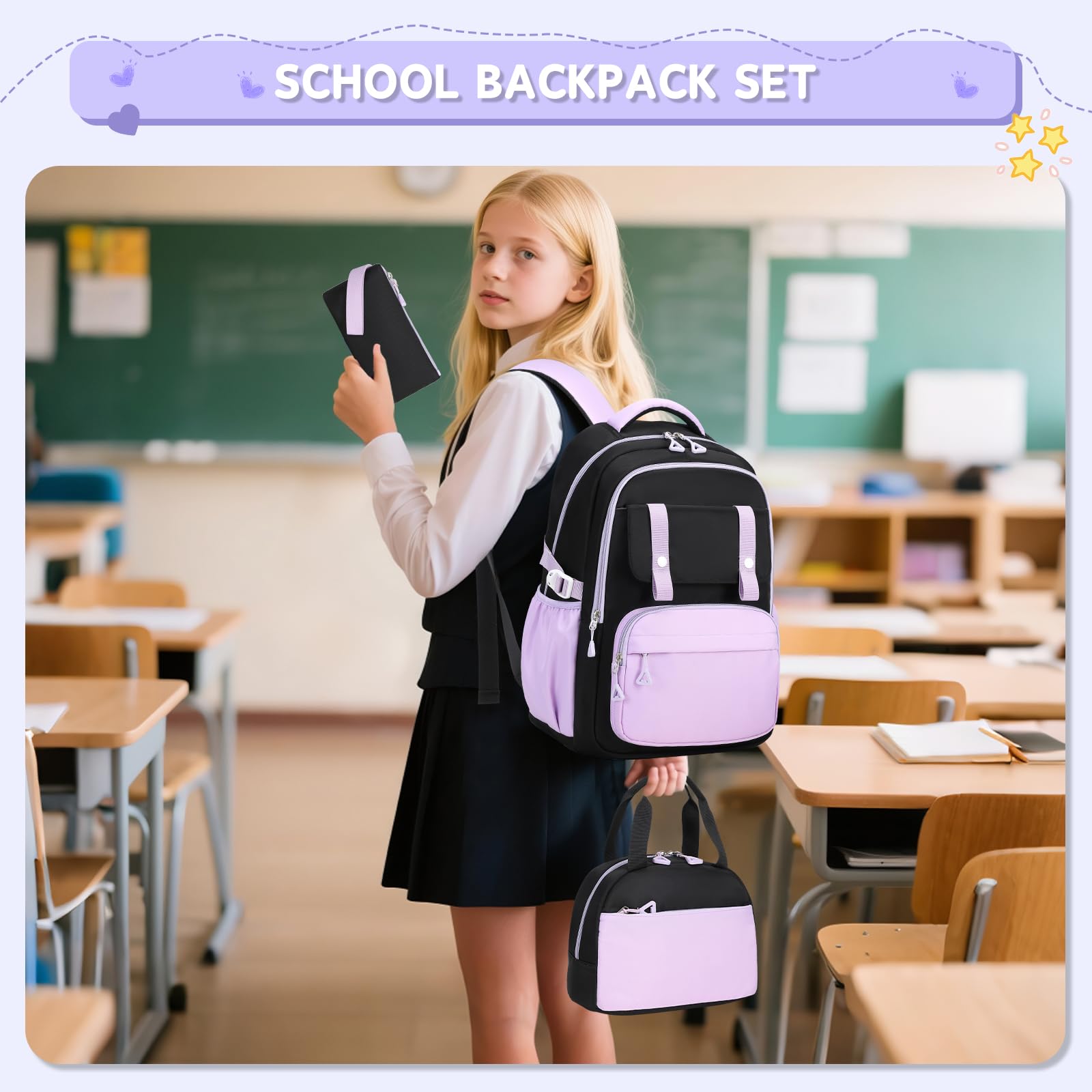 Set de 3 mochilas para niñas con lonchera y cartuchera, mochilas para primaria y secundaria, linda kawaii de gran capacidad con tira reflectante, negro y morado 4
