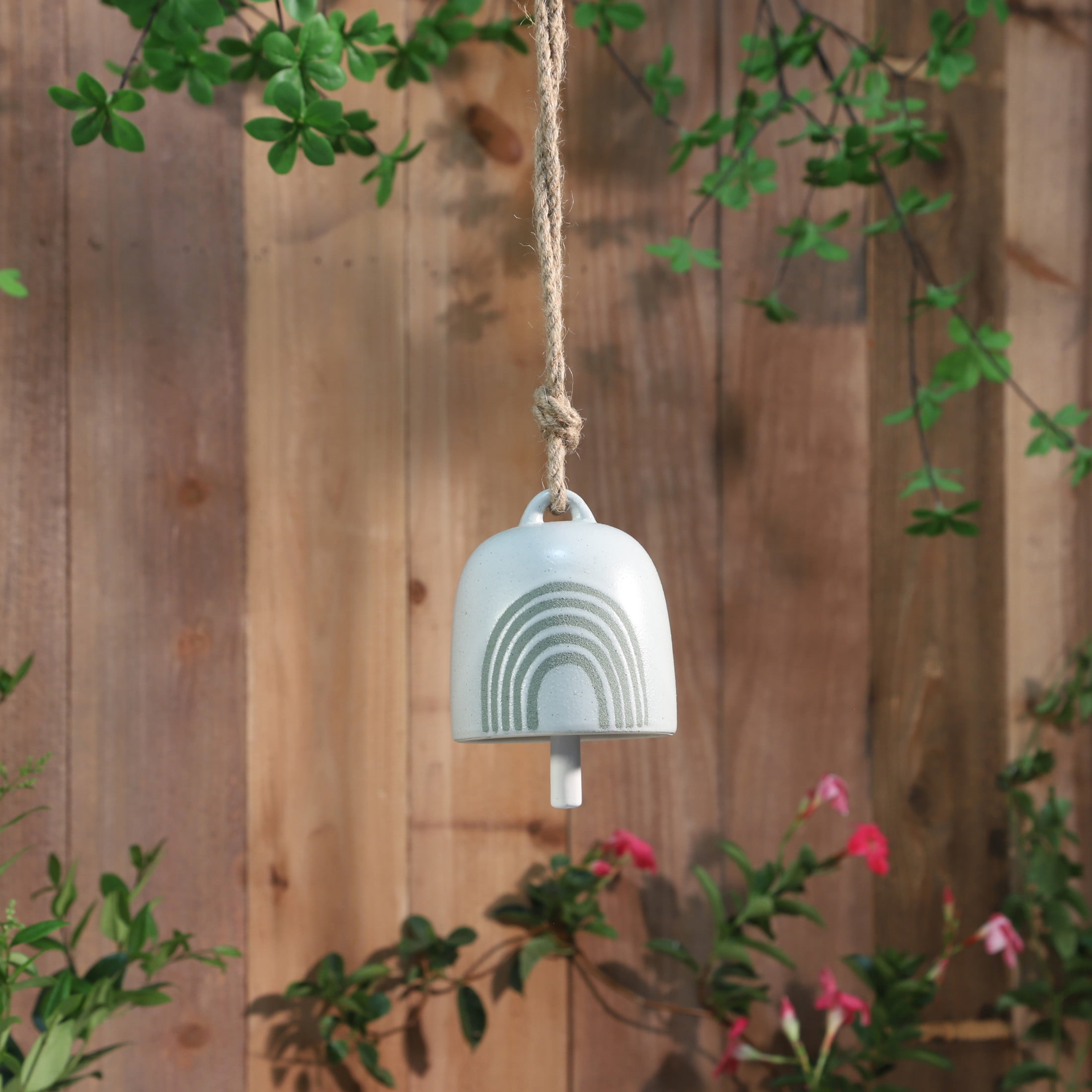 Modern Ceramic Small Bell Wind Chimes for Garden or Outside Decor - Beautiful Windchime for Patio & Porch Hanging Display - Decorative Outdoor Accent for Home Decoration - 4", White & Green