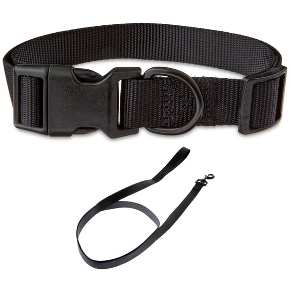 Vibrant Life Solid Polyester Adjustable Dog Collar, with 6ft Dog Leash, Black, Large