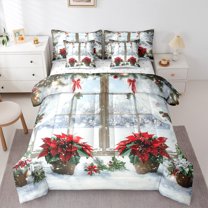 jejeloiu Retro Flower Floral Bedding Comforter Set 7-Piece,Christmas Snowflake King Bedding Sets,Red Green White Bed Sheets,Luxury Bedroom Decor Reversible