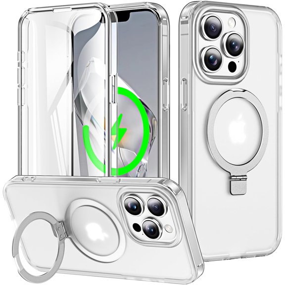 MYKOMI Phone Case iPhone 16 Pro Case Built-in Screen Protector [Compatible with MagSafe] Ring Kickstand Shockproof Translucent Matte Hard Shell Soft Silicone Bumper Case for iPhone 16 Pro