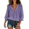thumbnail image 2 of HaCpiu Women's V-Neck Lace Blouse, Casual Loose Long Sleeve Ruffle Tunic Shirt, Lightweight Flowy Tie-Front Top with Bell Cuffs, Purple XXXL, 2 of 6