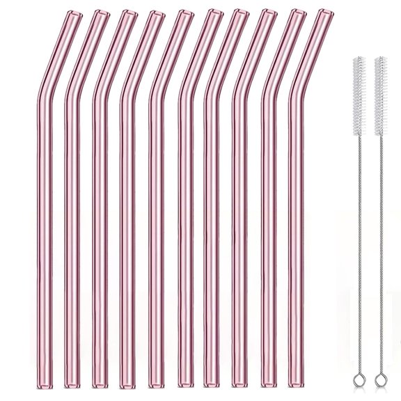 Topboutique Glass Straws - 10 Long Bent Reusable Drinking Straws   2 Plastic Cleaning Brush - 20 cm (7.8 in) x 0.8 cm - Dishwasher Safe - Perfect for Bottles Pink,Tumblers,Change Color Cups