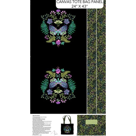 24" X 43" Panel Canvas Tote Bag Florals Flowers Black Cotton Fabric D456.23