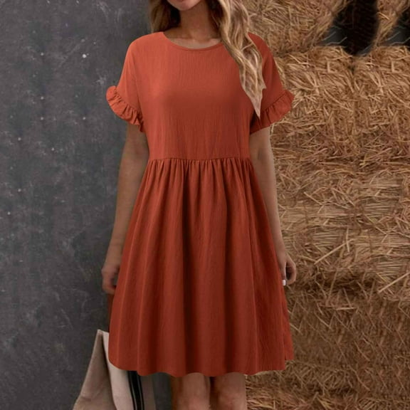 Women Fashion Solid Elegant Round Neck Loose And Linen Long Dress Petite Dresses Summer Work Dresses Summer Dresses Casual Women's Dresses Casual Maxi Dresses for Women Summer Ladies Casual Work