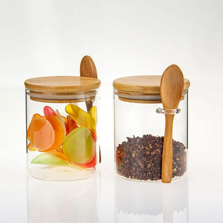 Set of 3 Glass Jars with Spoons Bamboo Lids Spice Rack Square