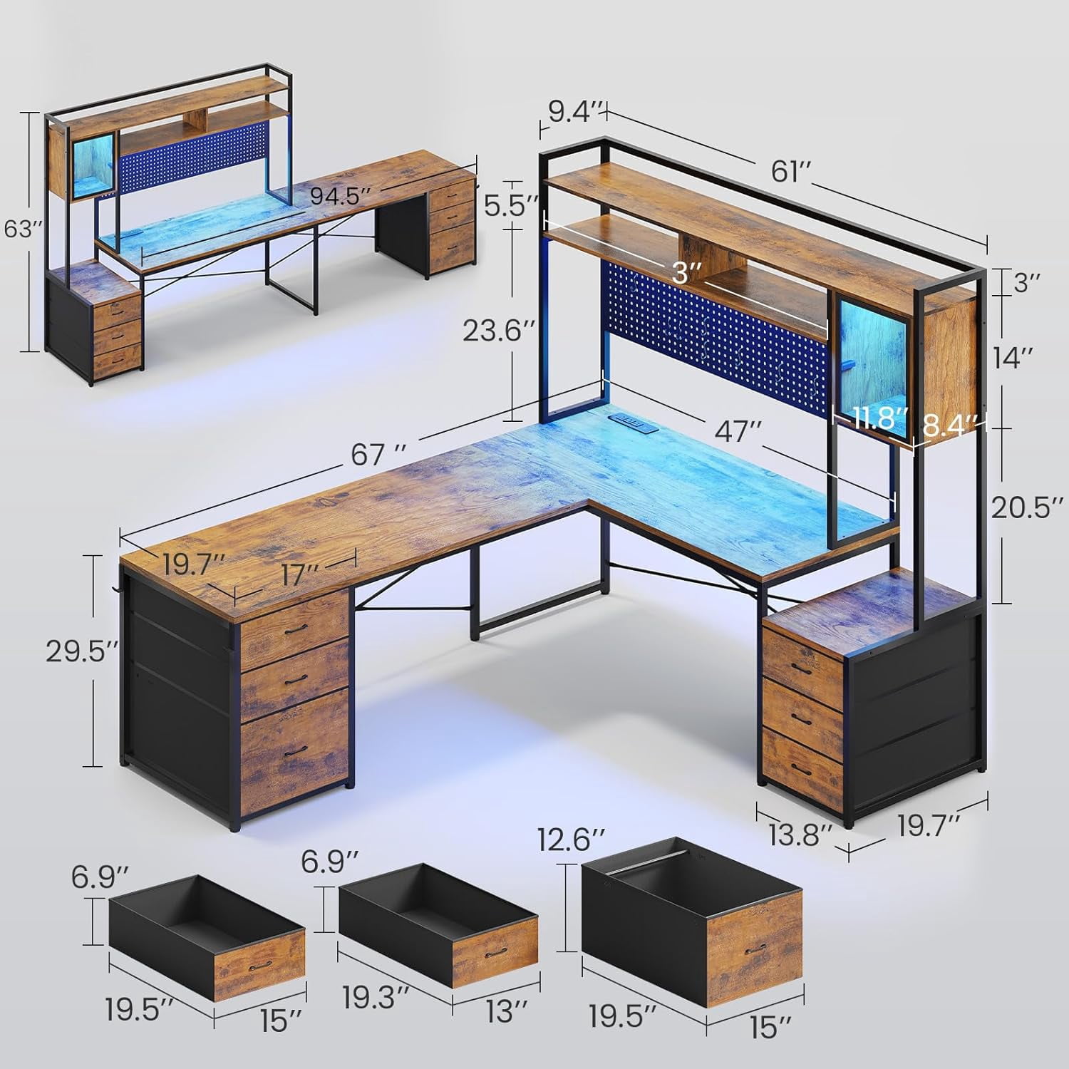 SEDETA L Shaped Desk with Drawers, 2 Person Desk with Hutch & Power Outlets, Home Office Desk with File Drawer & Glass Cabinet, Gaming Desk with LED Lights & Pegboard, Rustic Brown