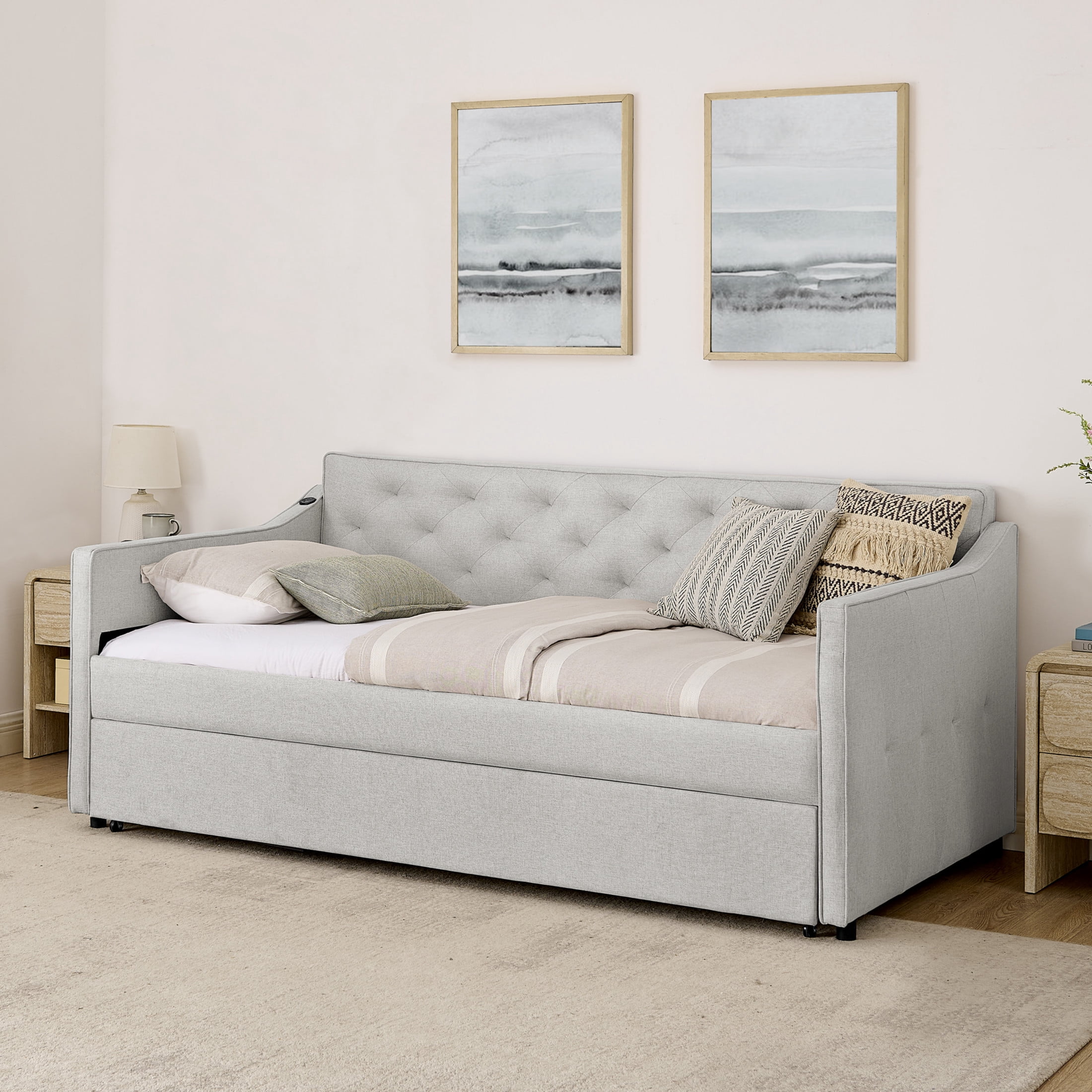 Noble House Belric Twin Size Linen Tufted Daybed, Sofa Bed Frame with Pop-Up Trundle and Built-In Charging Port, Beige