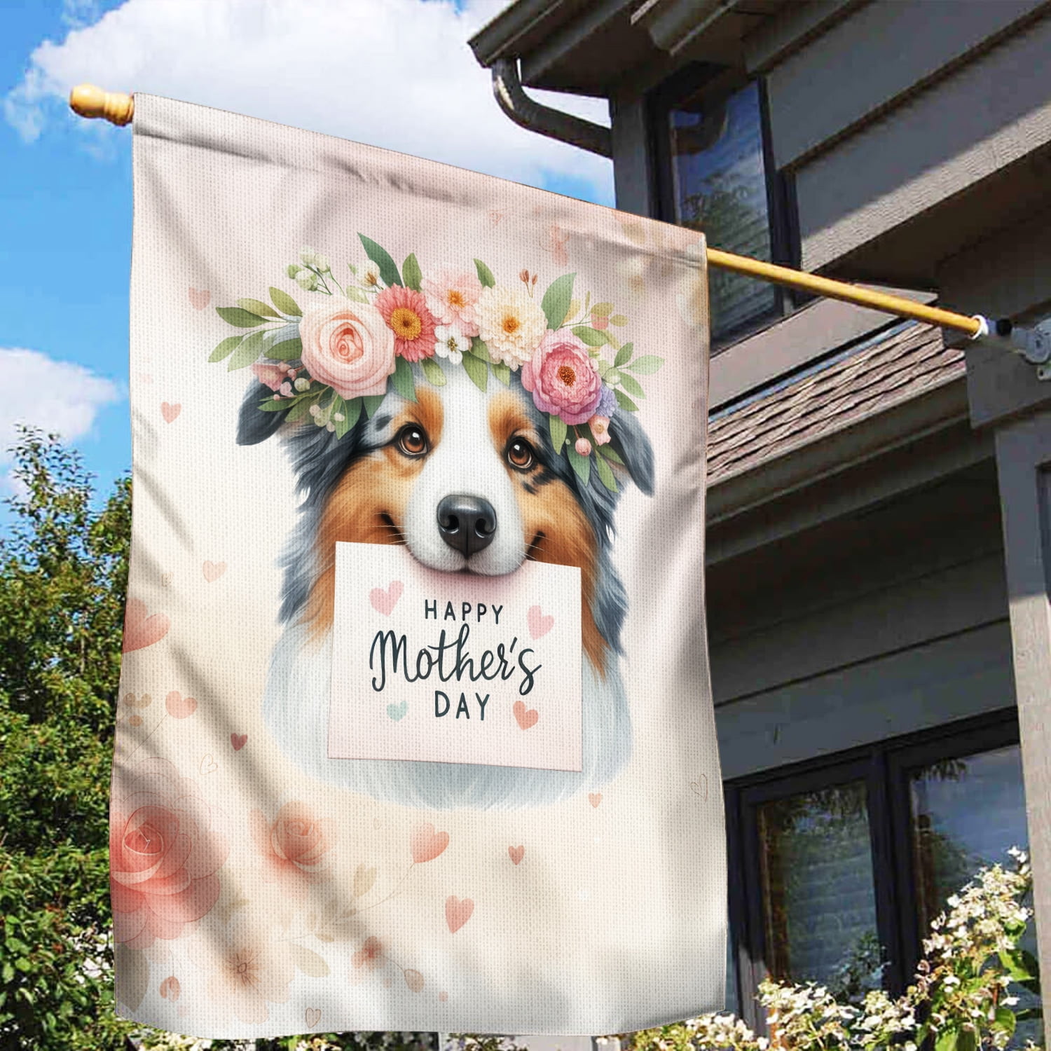 Happy Mother's Day Australian Shepherd with Flower Crown and Greeting Card House Flag 28x40in Double Sided Aussie Dog Lover Gifts Outdoor Decor - 13004