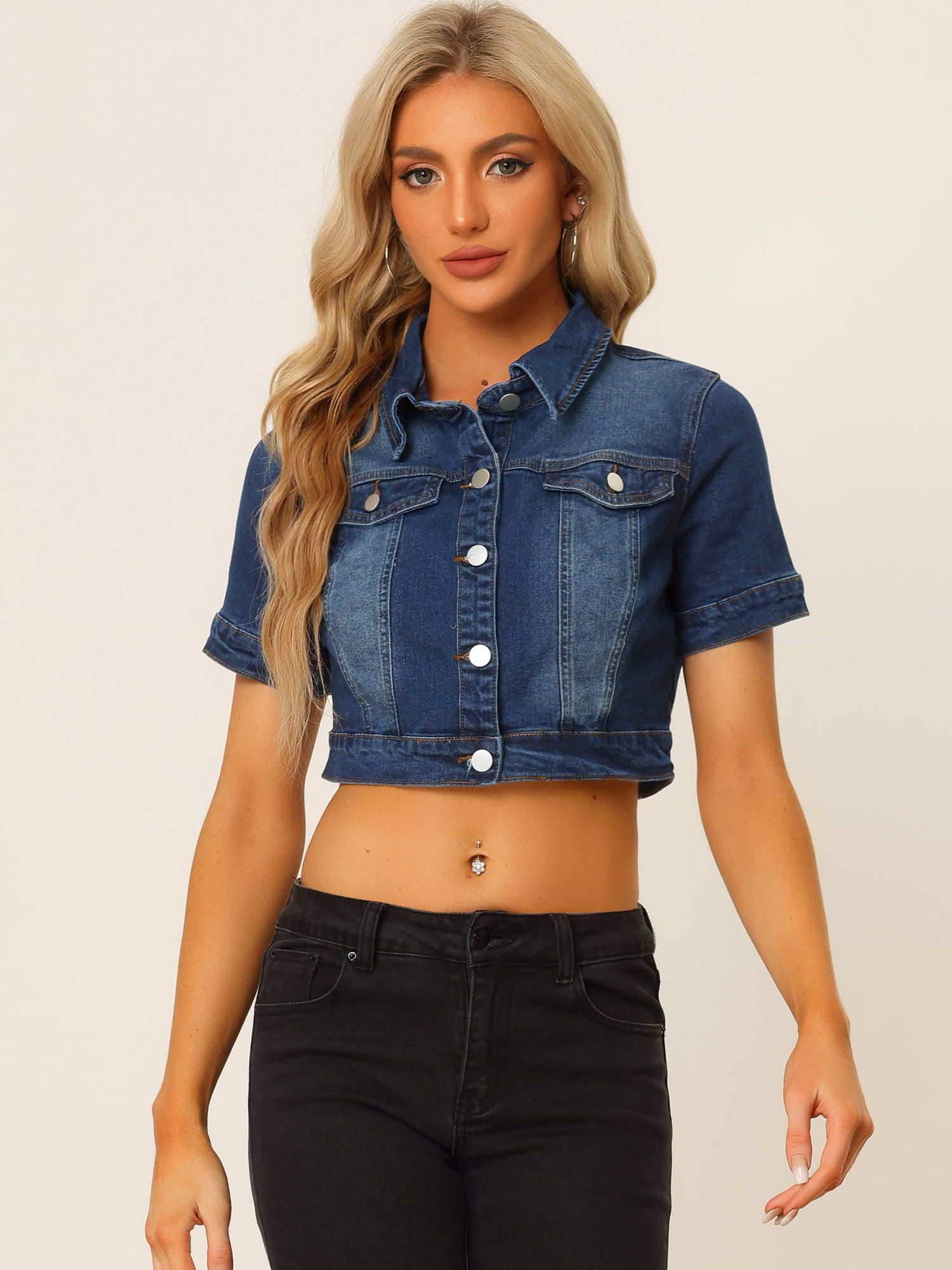 DARING DIVA Women's Short Sleeves Crop Button Down Denim Jacket XS Dark Blue