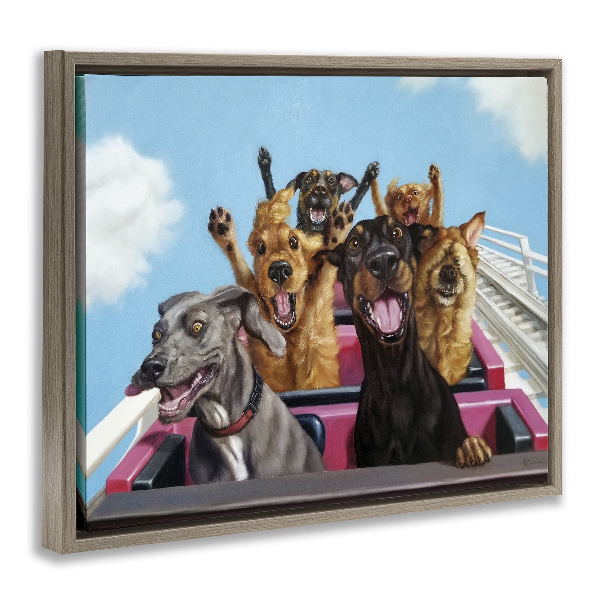 Stupell Industries Dogs Riding Roller Coaster Animals & Insects Painting Brown Floater Framed Canvas Art Print Wall Art, 31 x 25