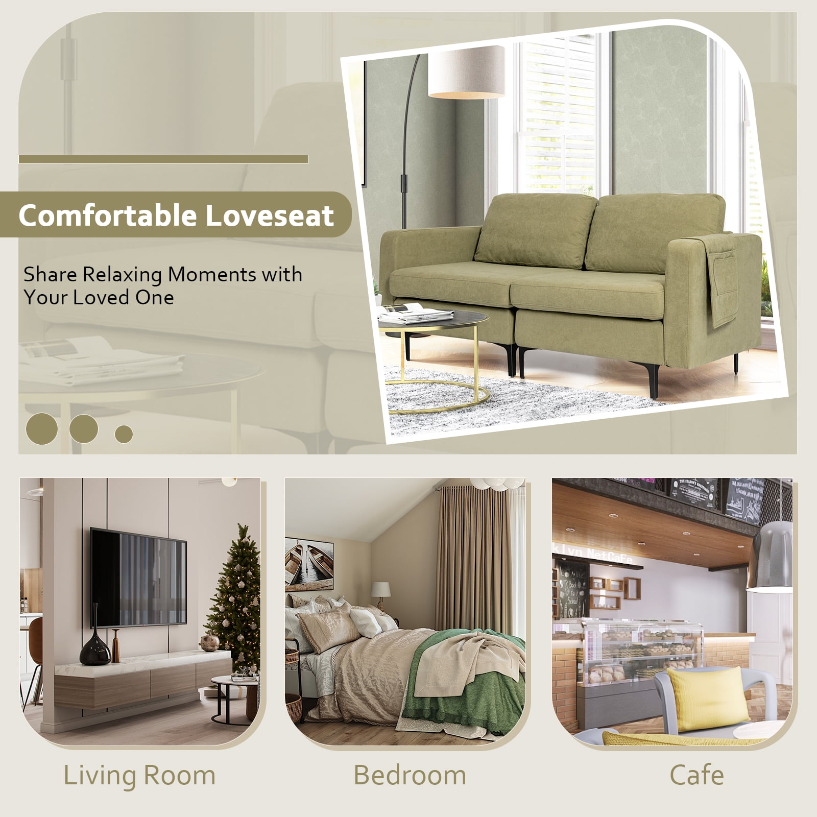 Costway Modern Loveseat Linen Fabric 2-Seat Sofa Couch w/ Side Storage Pocket Green