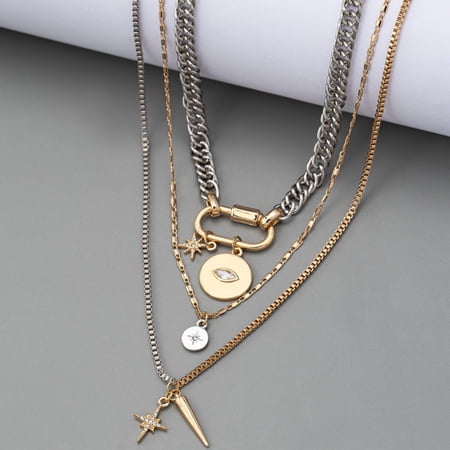 Women's gold layered necklace, 3-piece chunky chain two-tone necklace, silver coin pendant, paperclip layered chain, fashionable and unique jewelry gift.