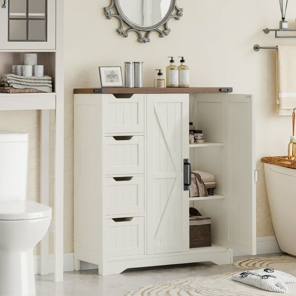 Vabches Farmhouse Bathroom Floor Cabinet, Side Storage Organizer with 4 Drawers and 2 Barn Doors & Adjustable Shelf, Storage Cabinet for Bathroom