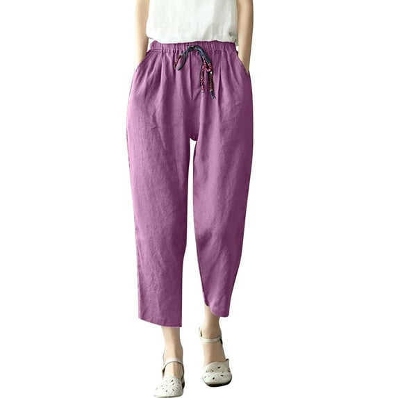 Eashery Capri Pants for Women Dressy Adjustable Lounge Trousers Core Knit Pants Linen Capri Pants for Women (Solid Color,Purple,4XL)