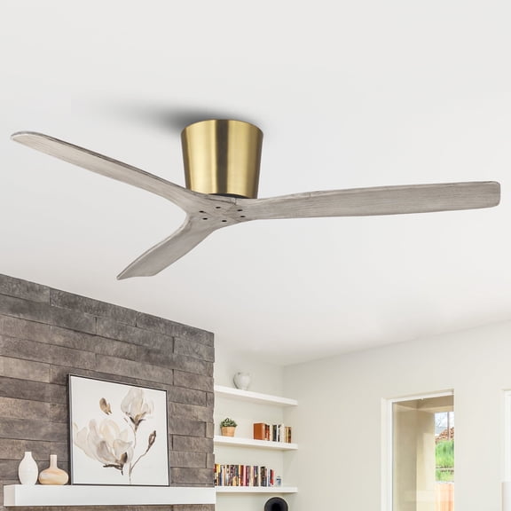 Parrot Uncle 54" Modern Gold Propeller Flush Mount Ceiling Fan without Lights, Solid Wood Blades, Remote Control