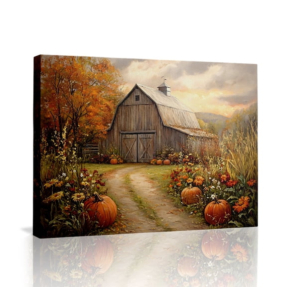 Autumn Barn & Pumpkin Patch Canvas Wall Art (Cozy Farm Tone) Ready to Hang for Kitchen 16x12 inch