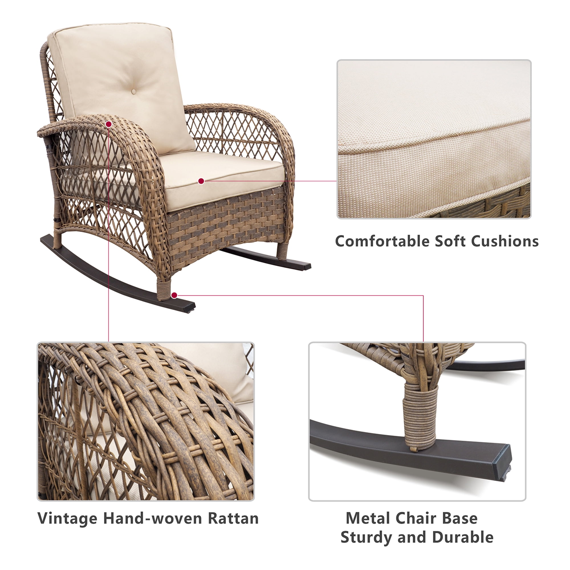 ATR ART to REAL Patio Wicker Rocking Furniture Sets,Rattan Rocker Chair Sets with Side Table for Porch, Khaki(Beige Wicker)
