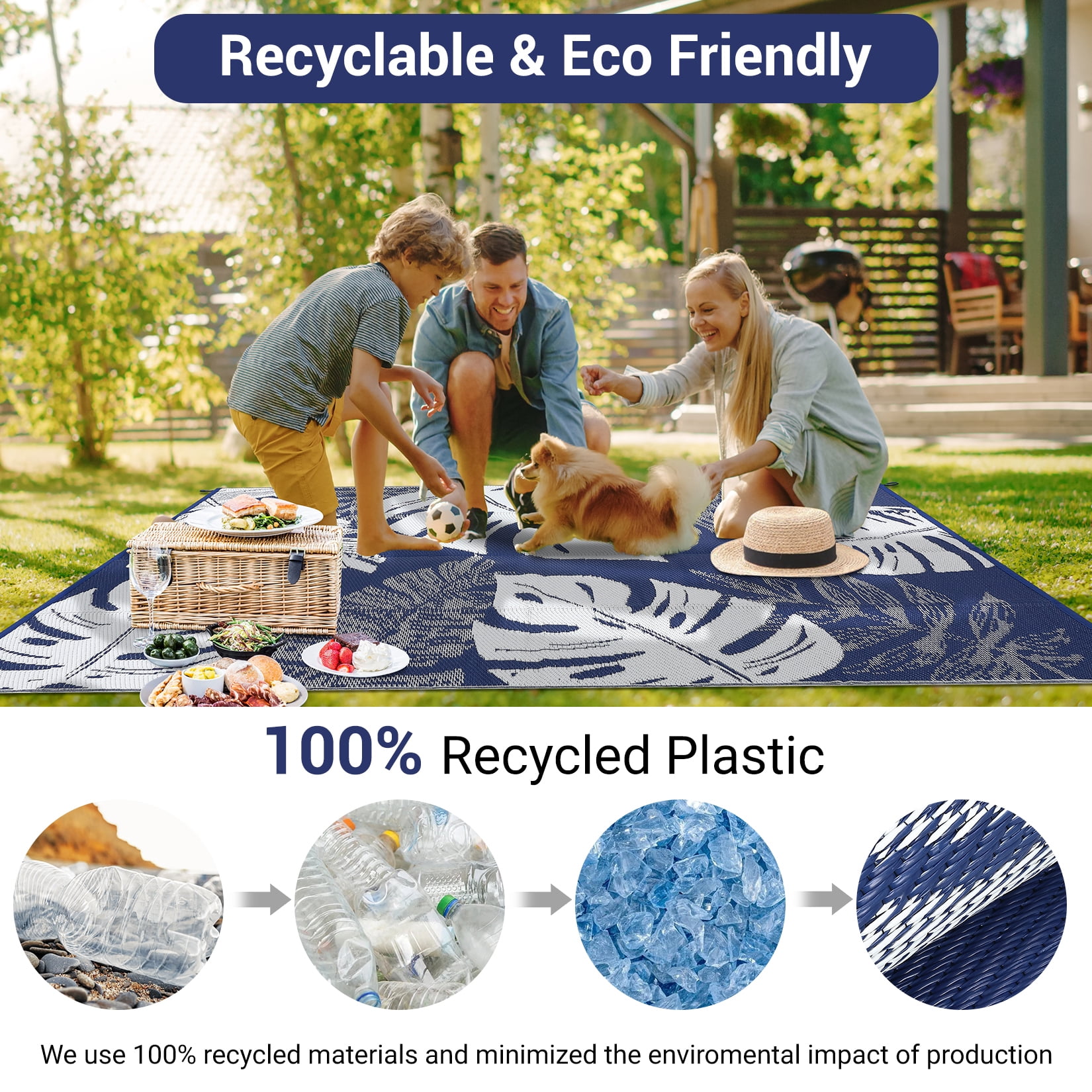 GlowSol 10'x14' Outdoor Rug Plastic Straw Weatherproof Reversible Rug Modern Leaves Patio Camping Rugs for Deck Porch Picnic Balcony, Dark Blue White