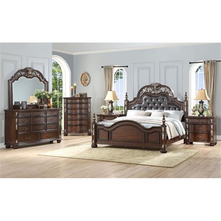 New Classic Maximus 5-PC Wood Queen Bedroom Set w/ 2 Nightstand in Madeira Brown