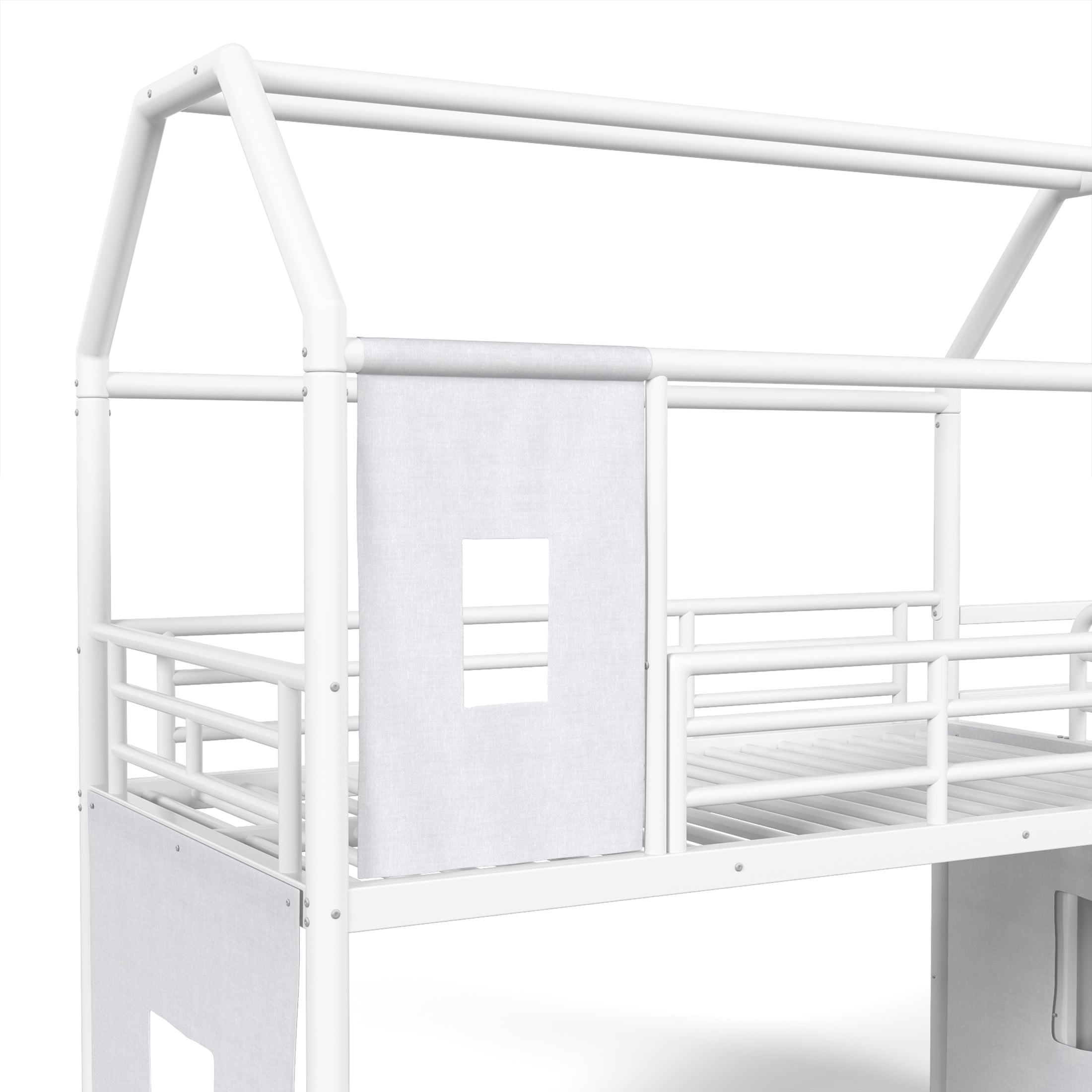 GDF Studio Twin over Full Playhouse Bunk Bed with Slide, Ladder, LED Light, Cabinet & Curtain Rod, White