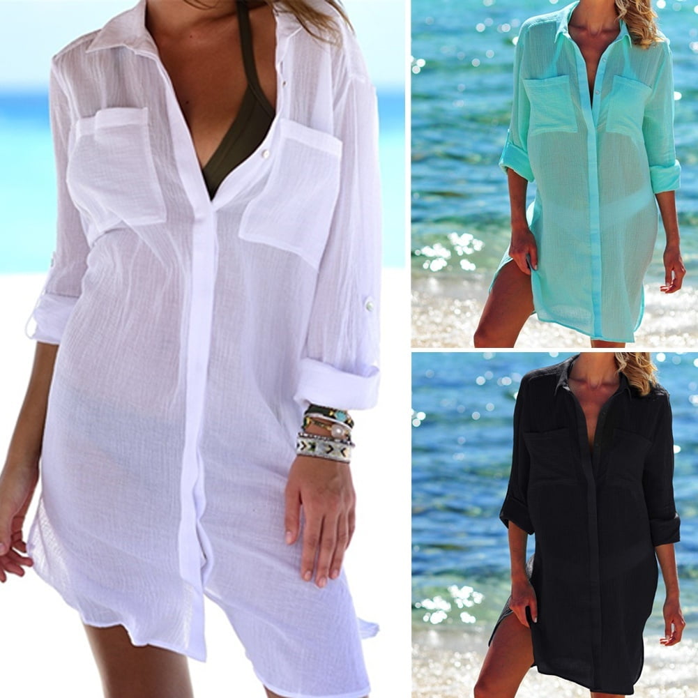 Women Cotton Swimsuit Swimwear Beach Cover up Beachwear Mini Dress ...