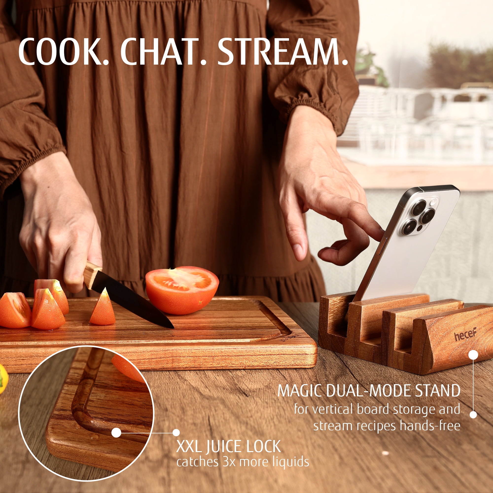 Hecef 3PCS Wood Cutting Board Set with Holder, 15 Inch Serving Board for Kitchen Meal Prep & Serving