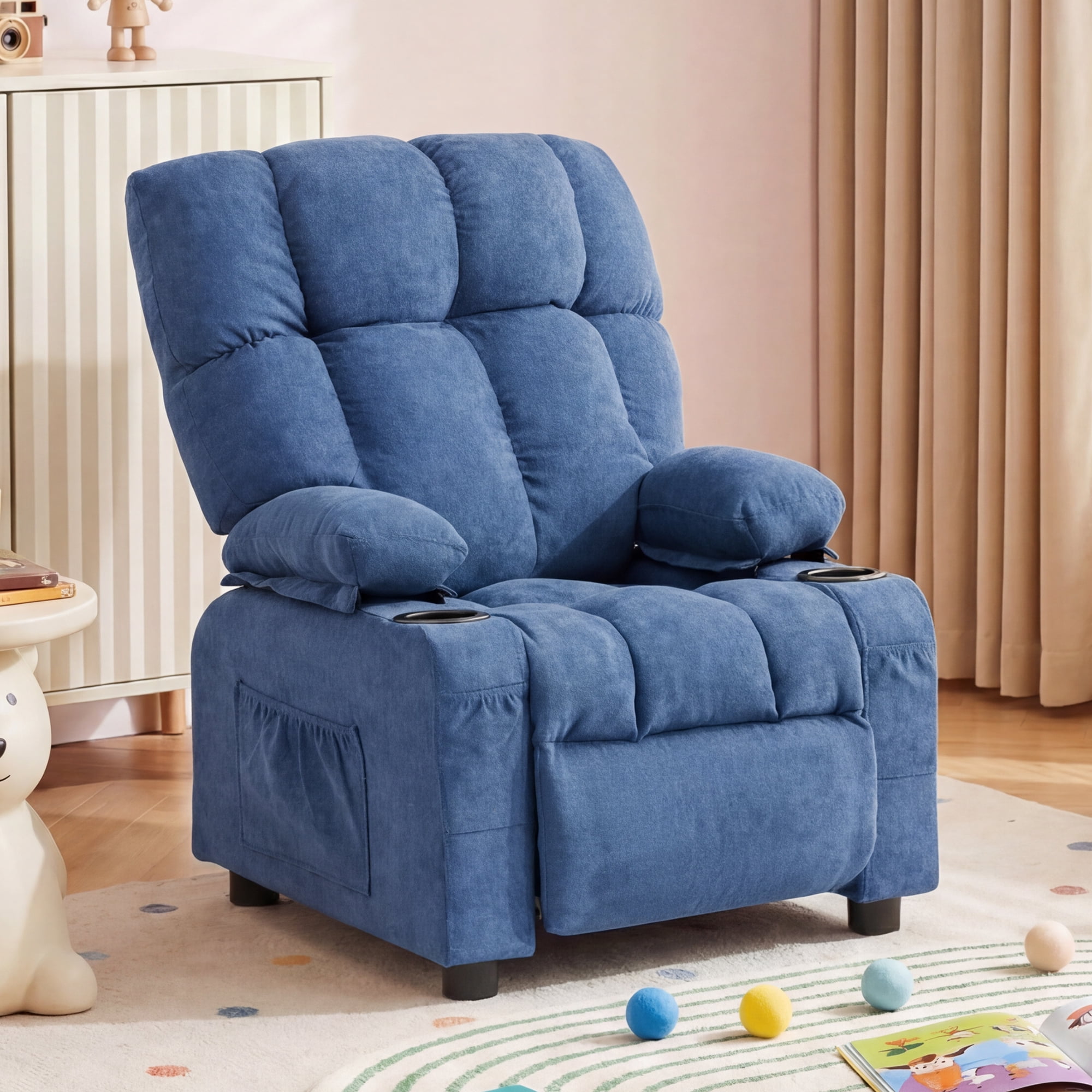 JONPONY Kids Recliner Chair,Push Back Toddler Recliner with Cup Holders & Side Pockets，Adjustable Footrest & Headrest Kids Sofa for Boys Girls 3+ Age Group，Children's Bedroom Furniture，Blue